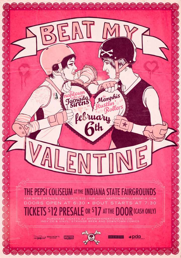 Beat My Valentine roller derby poster from Naptown Roller Girls
