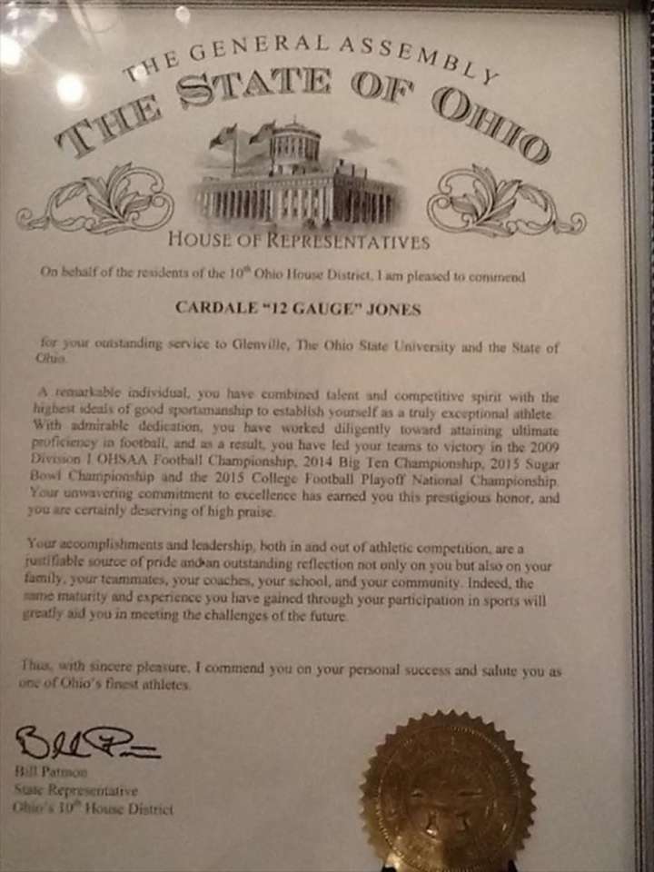 Cardale Jones' commendation from The State of Ohio General Assembly