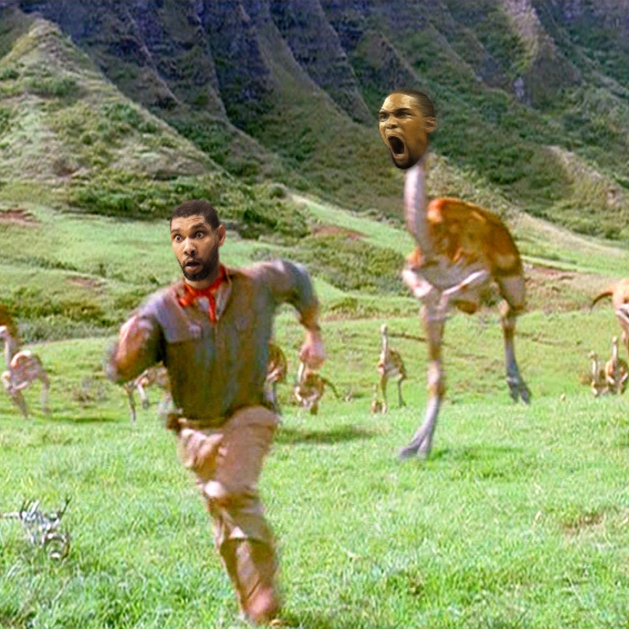 Chris Bosh as Jurassic Park dino chases Tim Duncan