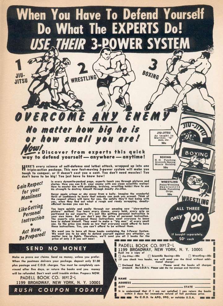 Comic book ad for 3-power self-defense system featuring jiu jitsu, boxing, wrestling