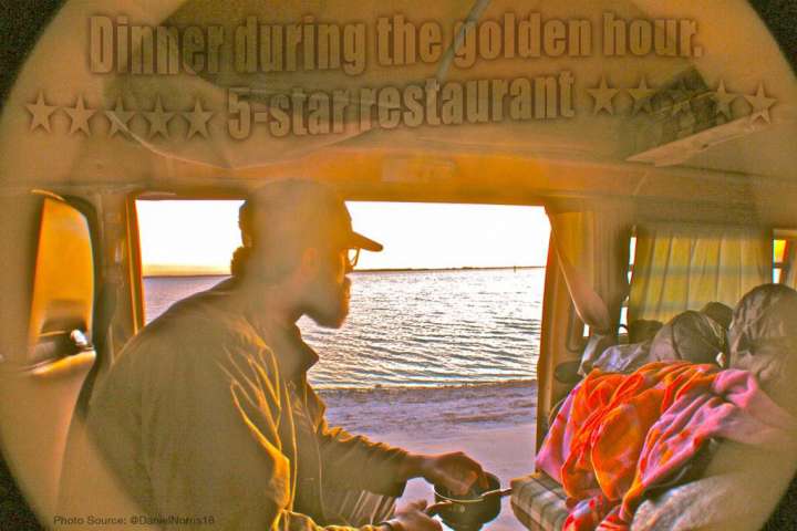 Daniel Norris enjoys dinner in his VW Van overlooking the ocean.