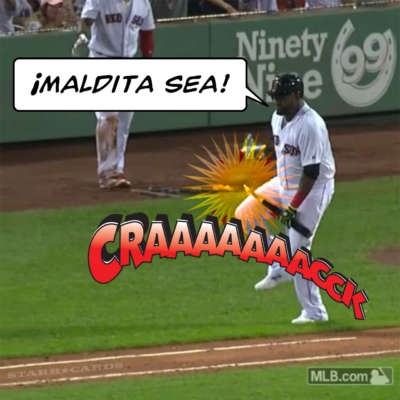 David Ortiz breaks his bat after hitting a single