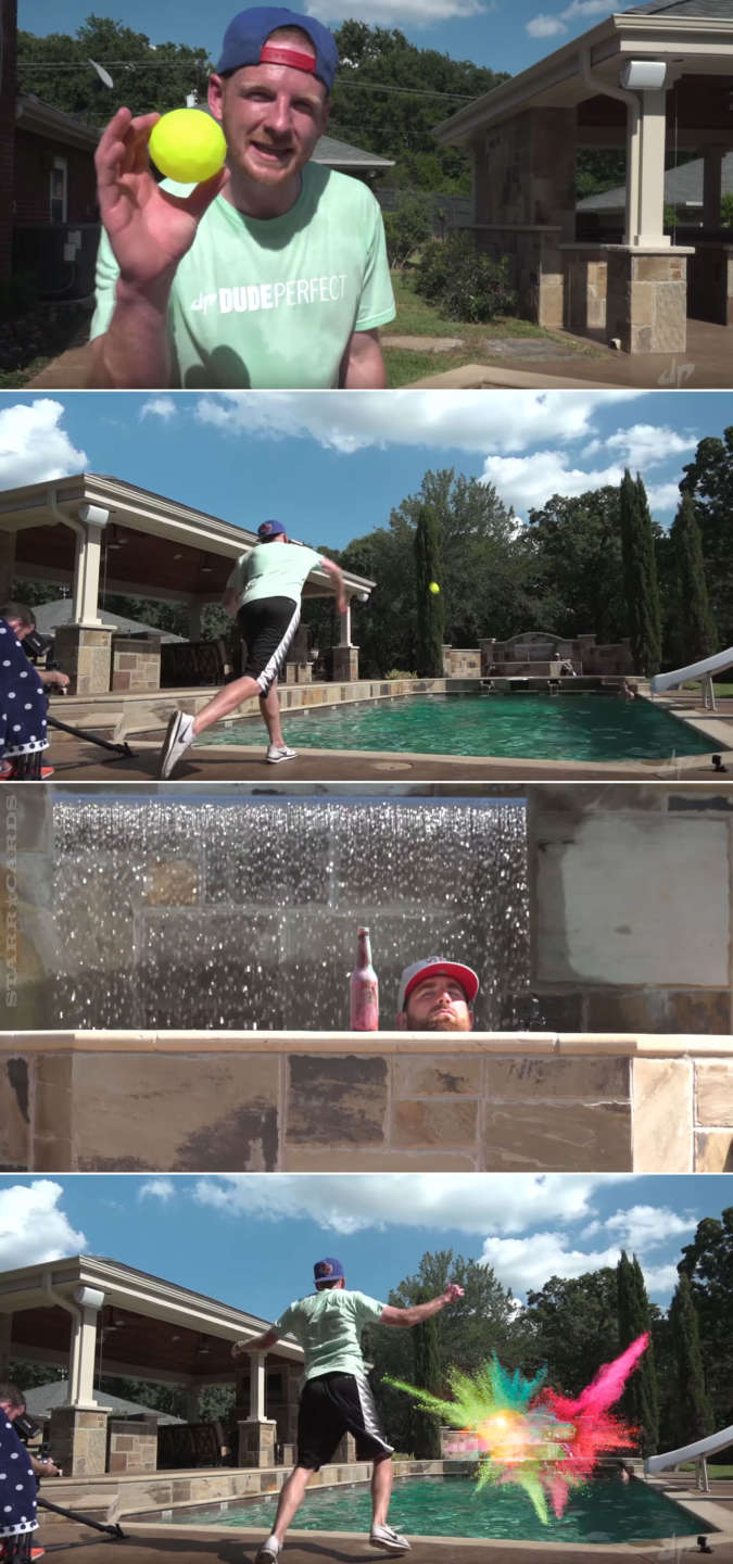 Dude Perfect's "Water Skippin' Blitzball Colorsplosion" trick shot