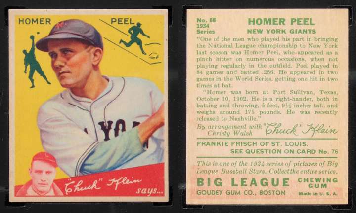 Goudey baseball card of New York Giants outfielder Homer Peel