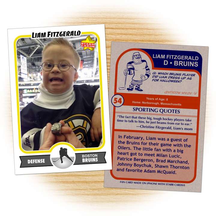 Hockey card of Bruins superfan Liam Fitzgerald