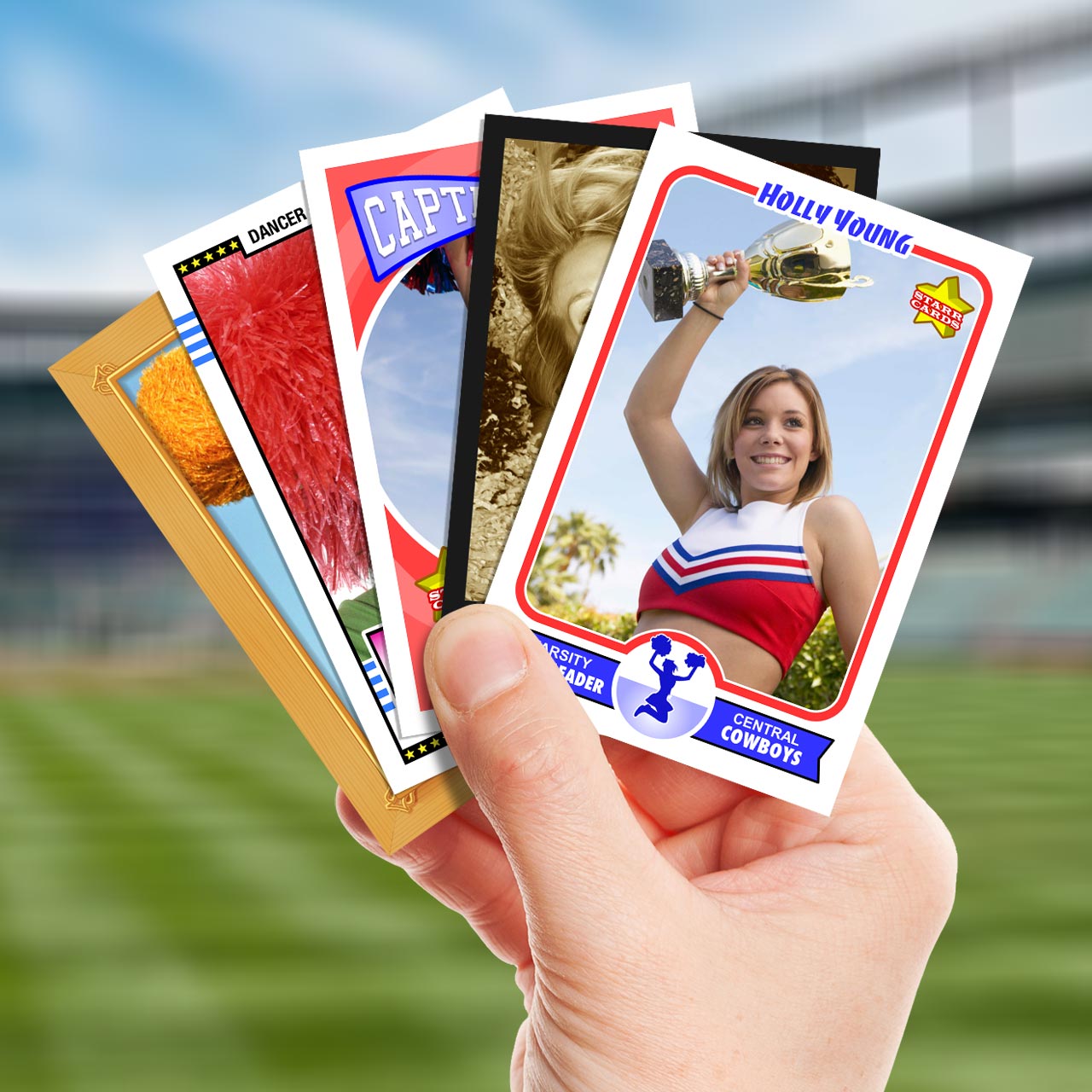 Make your own cheerleader card with Starr Cards.