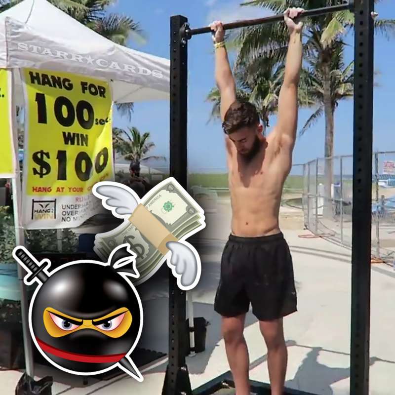 Ninja warrior Lucas Gomes tries to hang for 100 seconds to win 100 dollars