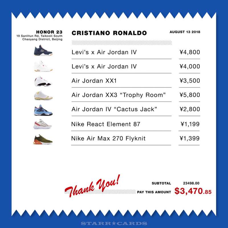 Receipt from Cristiano Ronaldo's shoe shopping spree in Beijing, China