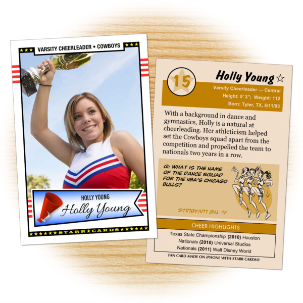 Cheerleader card template from Starr Cards Cheerleader Card Maker.