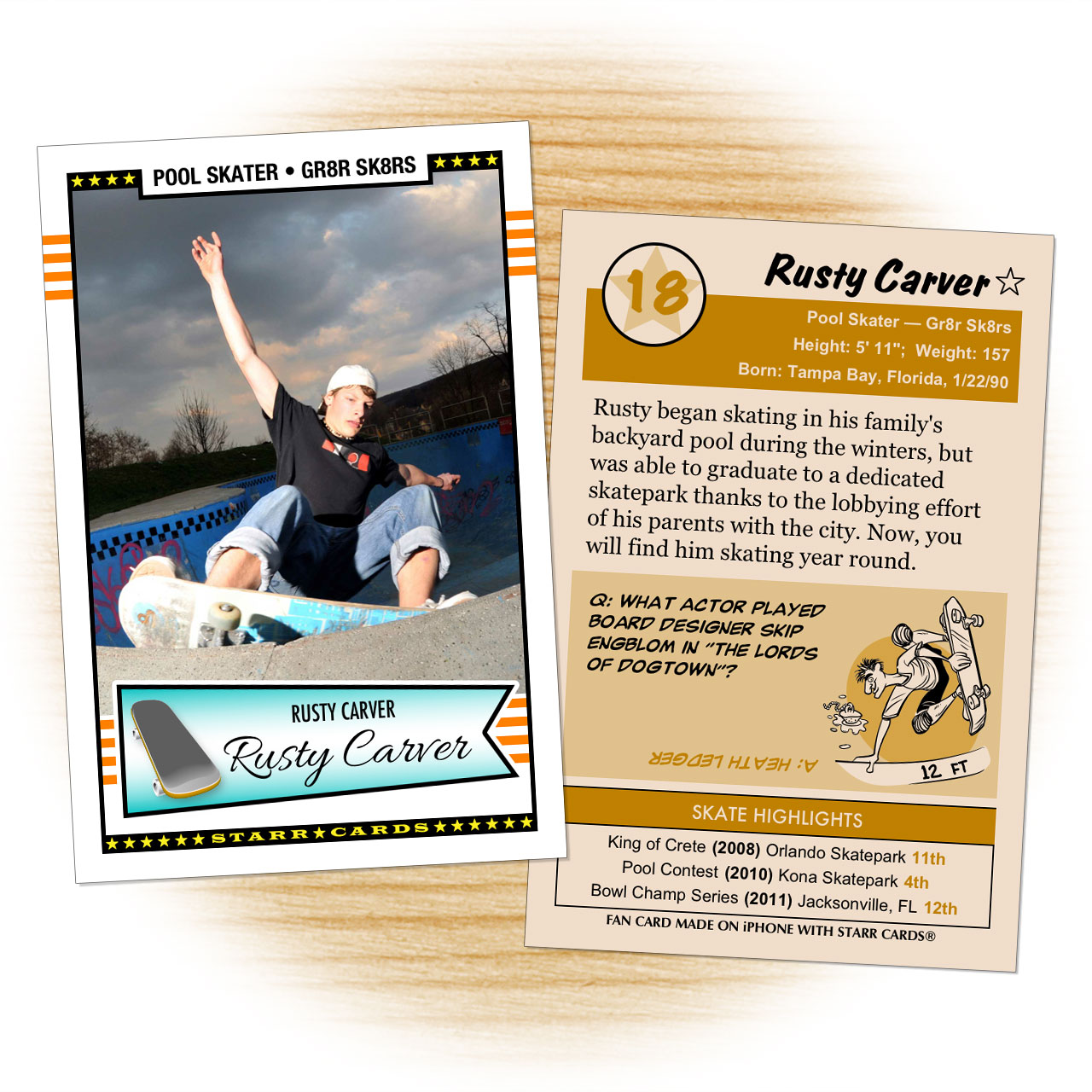 Skater card template from Starr Cards Skateboarding Card Maker.
