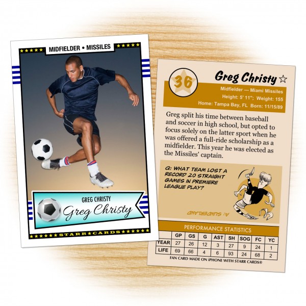 Soccer card template from Starr Cards Soccer Card Maker.