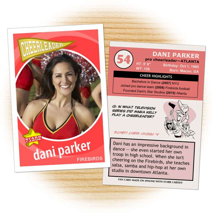 Cheerleader card template from Starr Cards Cheerleader Card Maker.