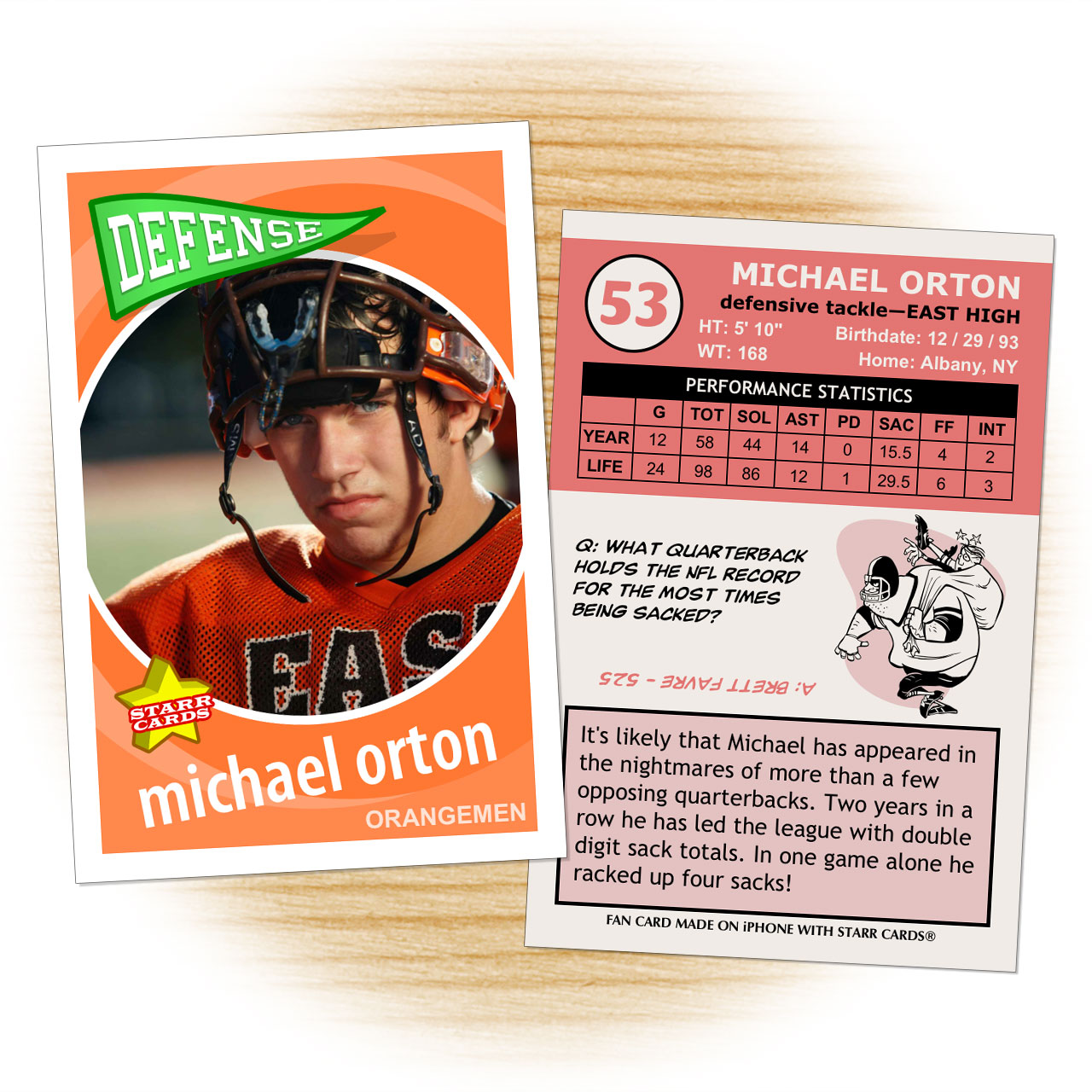 Football card template from Starr Cards Football Card Maker.