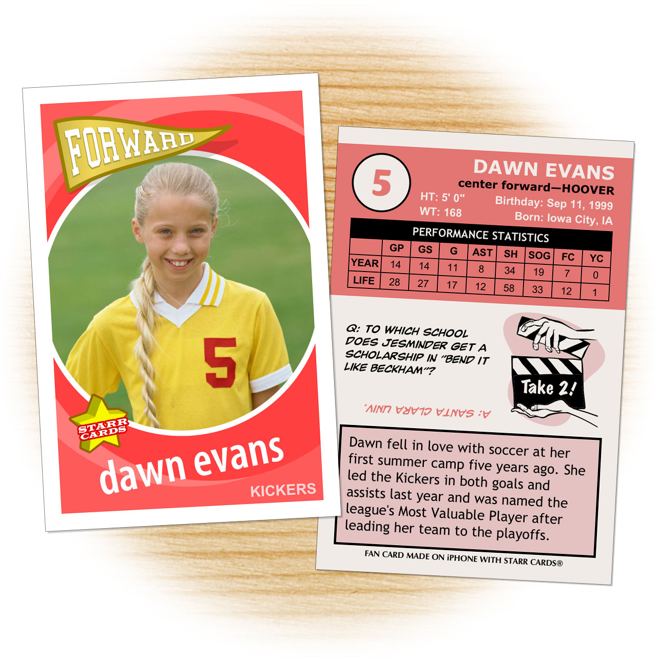 Soccer card template from Starr Cards Soccer Card Maker.
