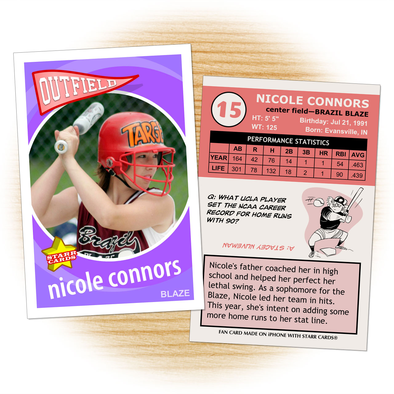 Softball card template from Starr Cards Softball Card Maker.