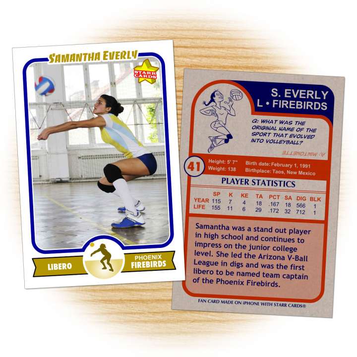 Volleyball card template from Starr Cards Volleyball Card Maker.
