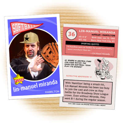 Softball card of 'Hamilton' creator Lin-Manuel Miranda