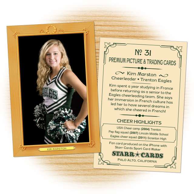 Cheerleader card template from Starr Cards Cheerleader Card Maker.