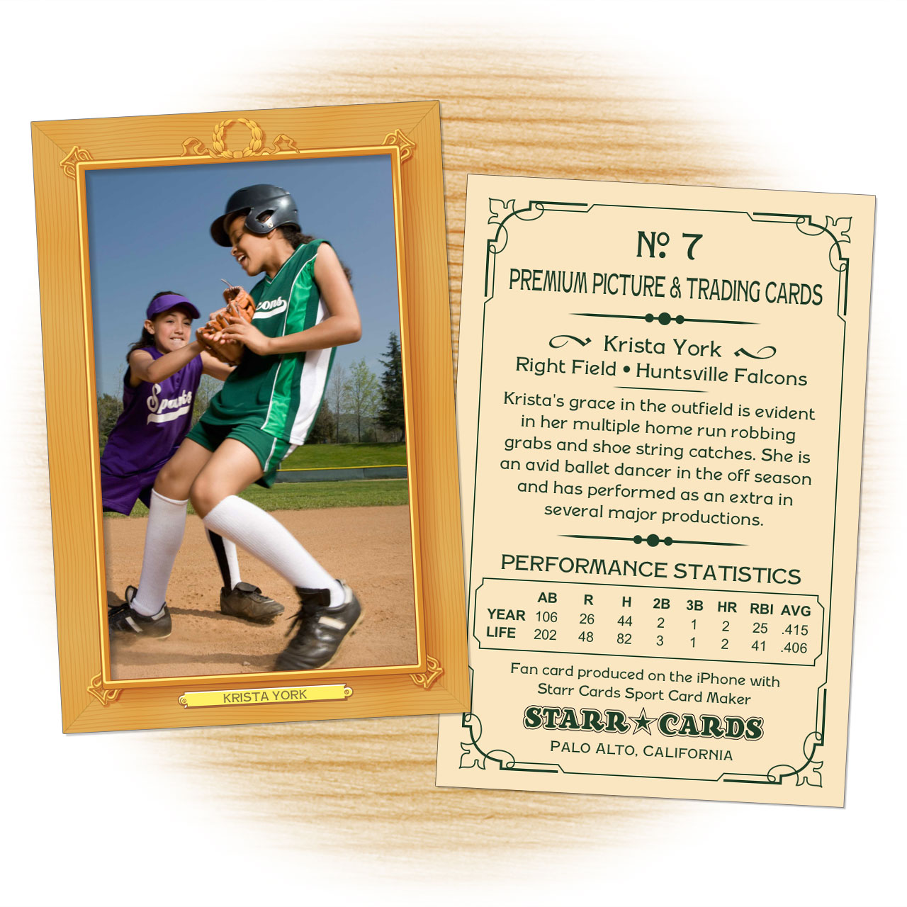 Softball card template from Starr Cards Softball Card Maker.