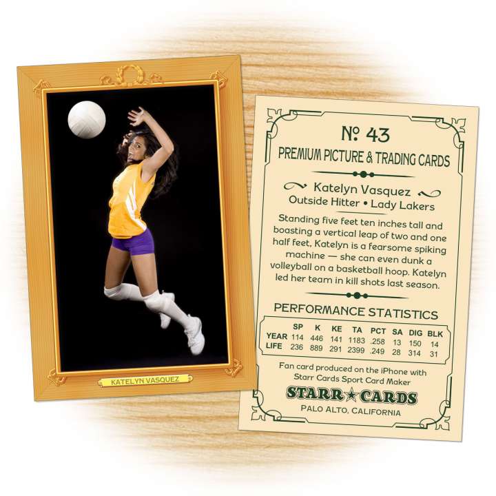 Volleyball card template from Starr Cards Volleyball Card Maker.