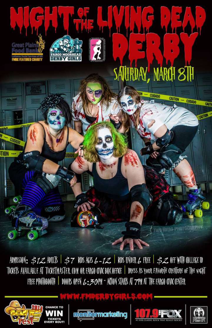 Zombie-themed roller derby poster from Fargo Moorhead Derby Girls